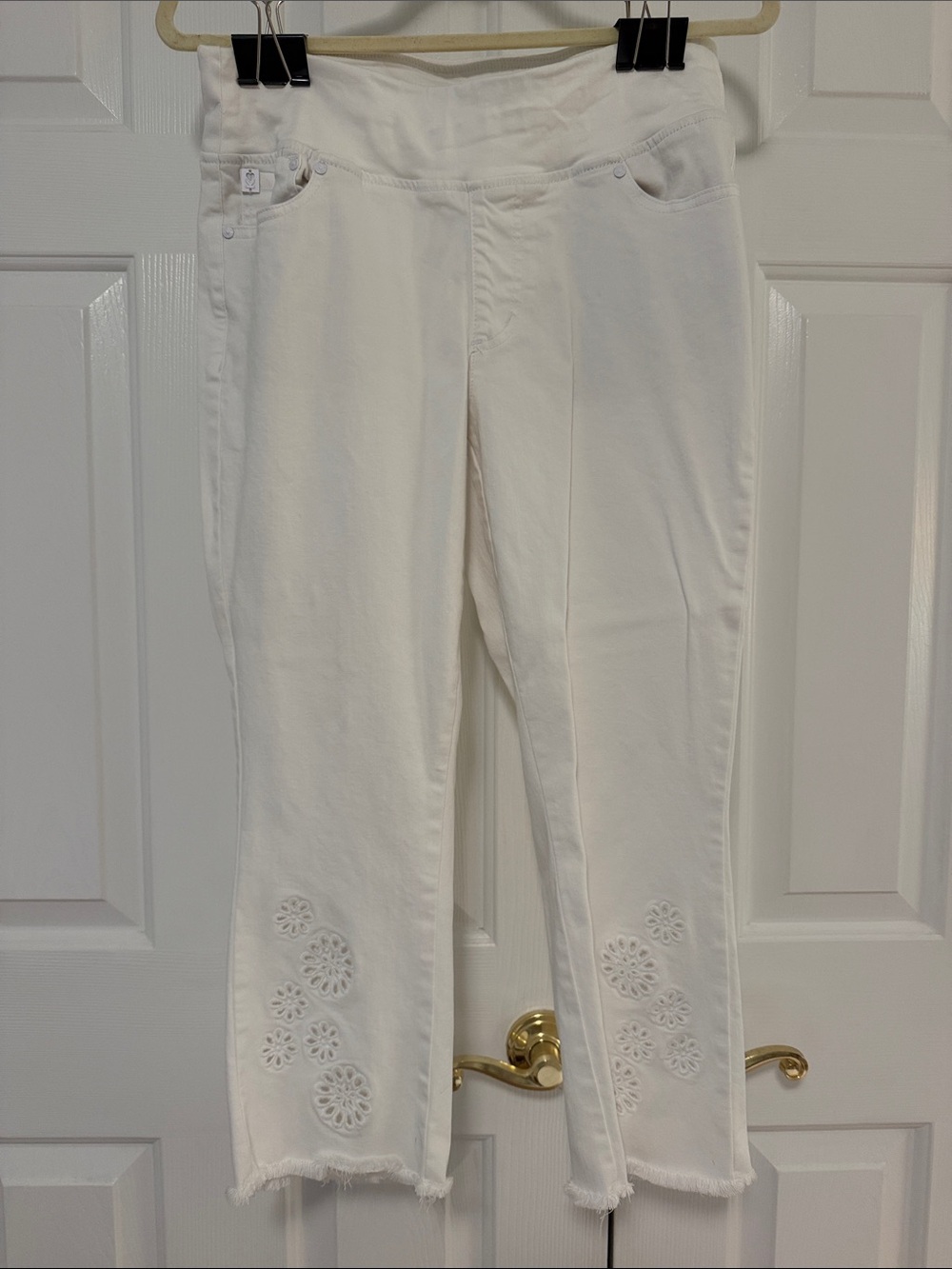 Belle by Kim Gravel White Cropped Jeans with Floral Cutwork